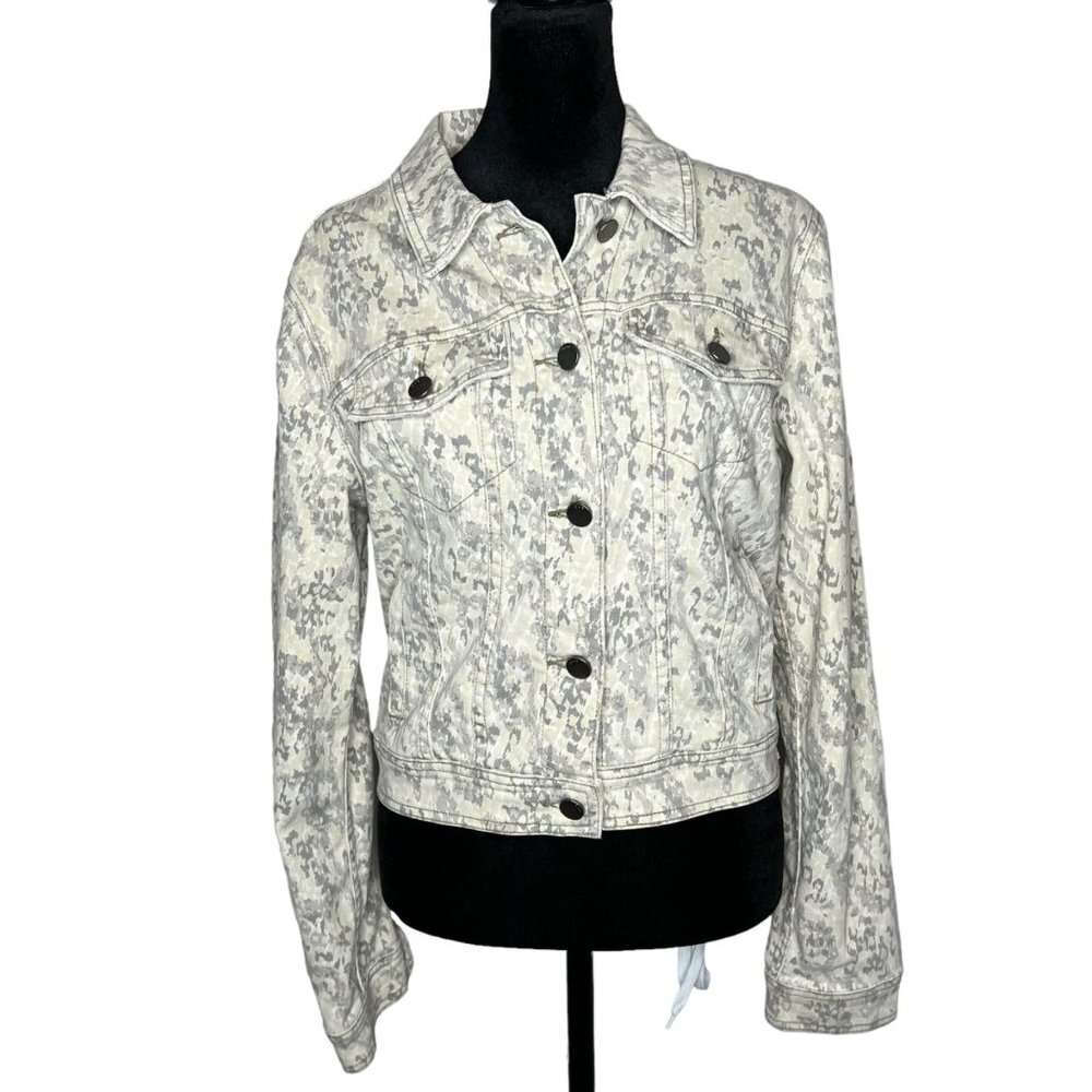Free People Grey Cream Camo Denim Jean Jacket Fitted Cropped Size Small
